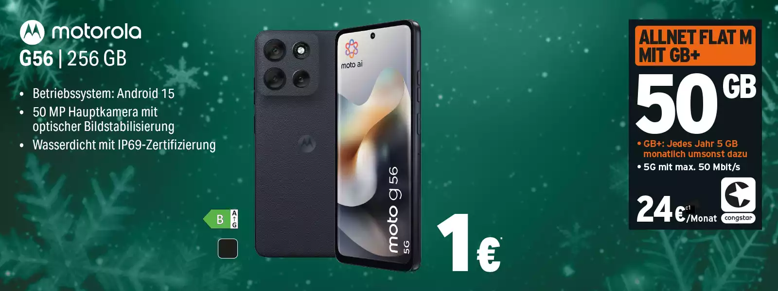 Motorola G56 Smartphone mit 256 GB, Android 15, 50 MP Kamera, Allnet Flat 50 GB Angebot.