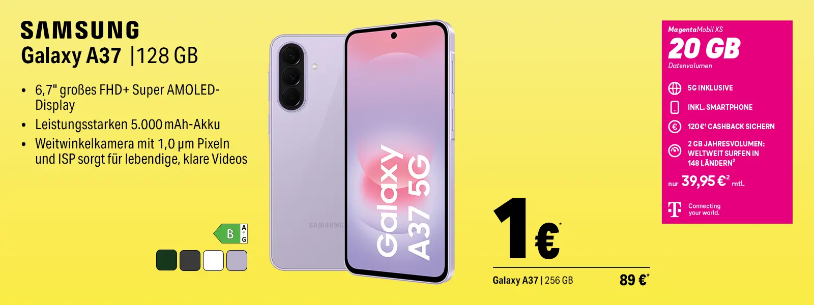 Samsung Galaxy A37 5G 128 GB Smartphone-Angebot mit MagentaMobil XS 20 GB