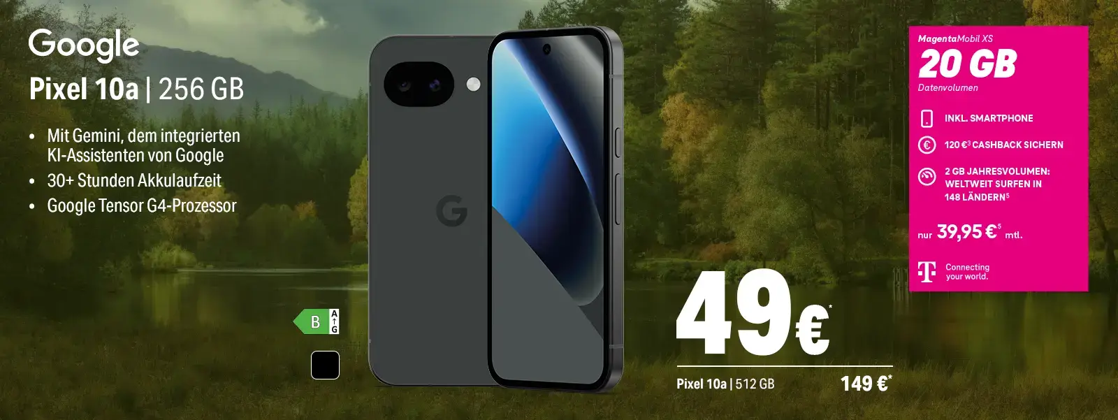 Werbebanner Google Pixel 10a Smartphone mit 256 GB und 20 GB Datentarif