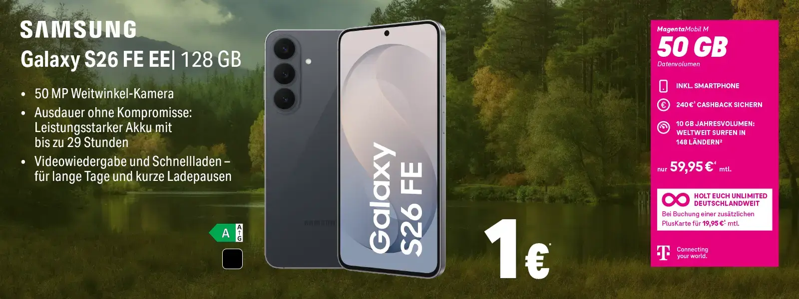 Werbebanner: Samsung Galaxy S26 FE 128 GB mit MagentaMobil M 50 GB Angebot